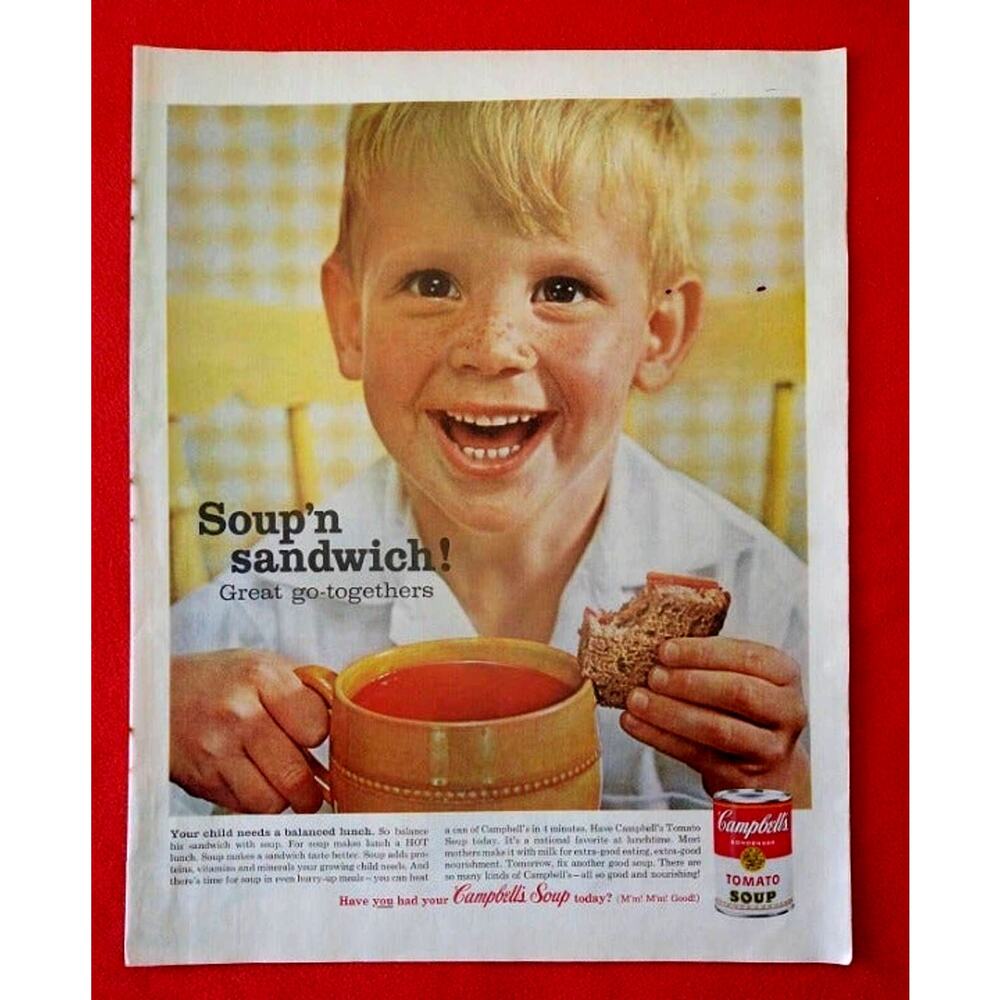 Campbell's‎ Soup N Sandwich Little Boy Freckles Tomato 1961 Vtg 10x13 PRINT AD